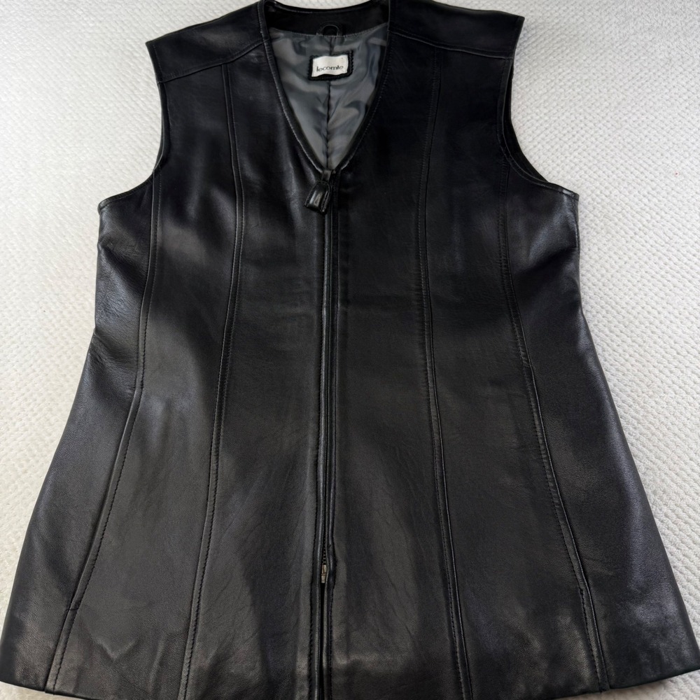 Lecomte Black Lamb Nappa Leather Zip Front Vest V-Neck Size 12